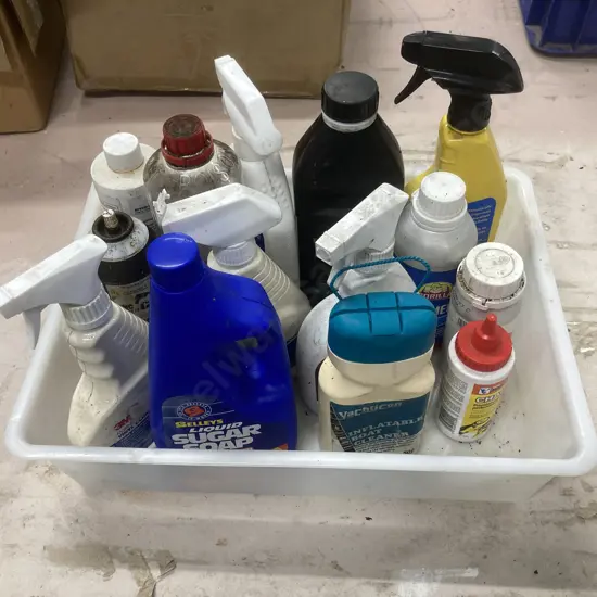 Bin of Sugar Soap, Gorilla Primer, Assorted Cleaners Etc
