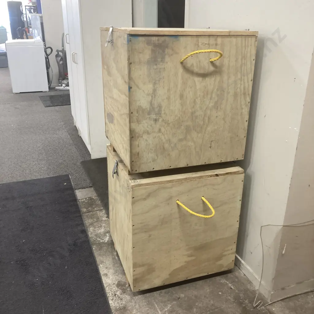 Pair of Wooden Storage Boxes With Rope Handles & Hinged Lids, H66 W60 D60cm Image 1++