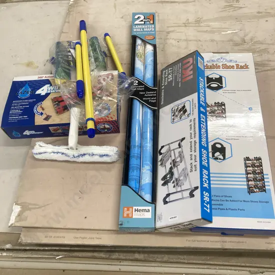 2in1 Maps, Stackable Shoe Racks, AquaLazer 4WD Sweeper, Etc