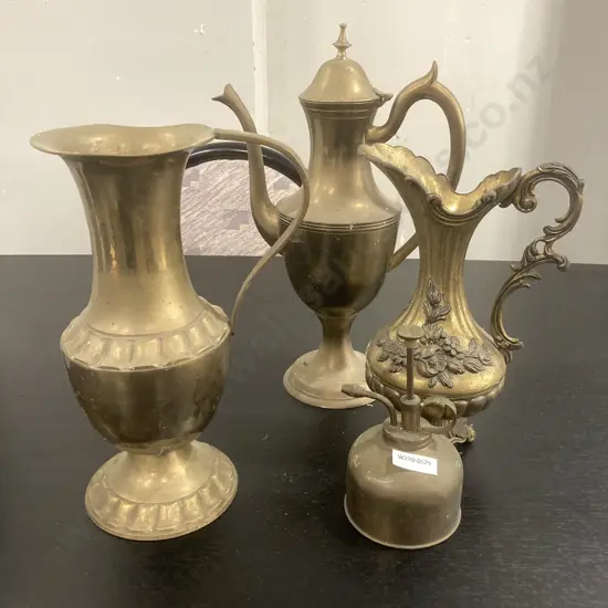 Assortment Of Brass Jugs, Coffee Pot & Vinagrette Jug