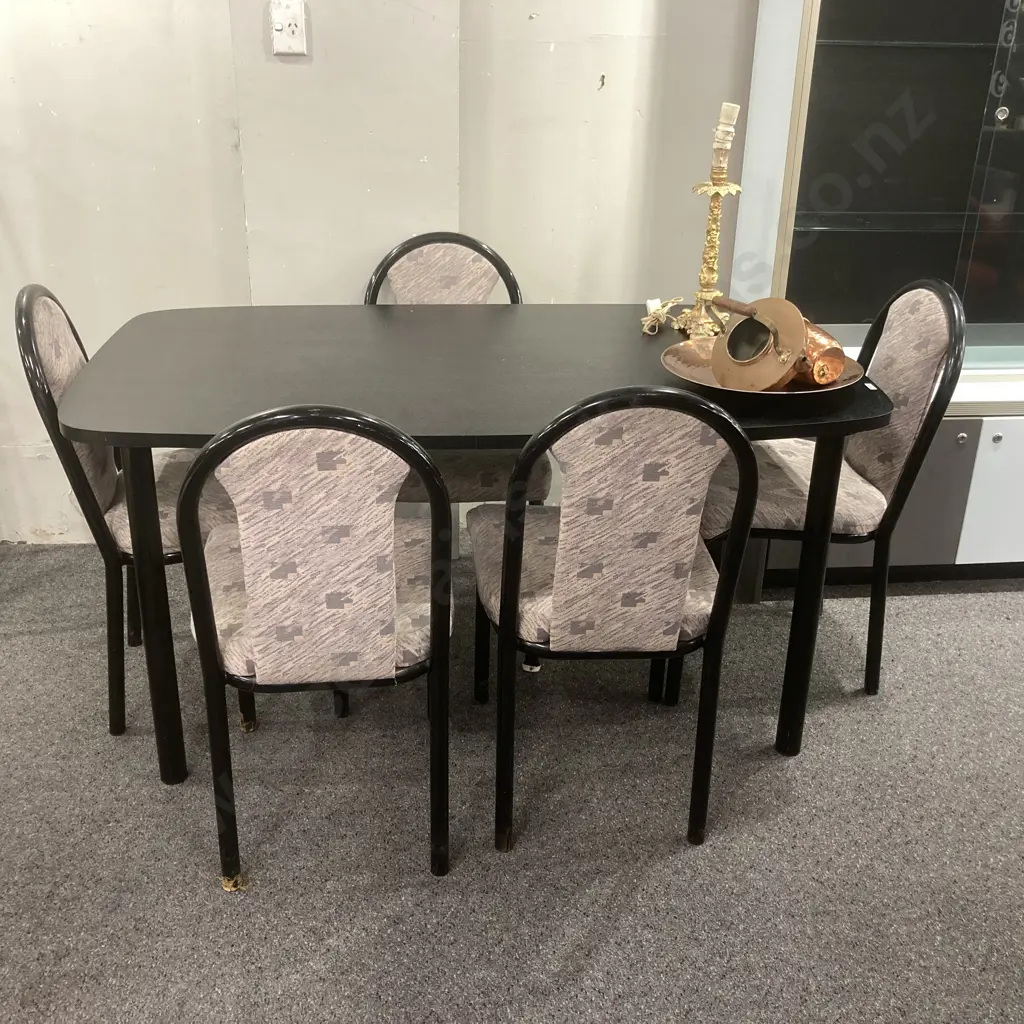 Black Table With 5 Pink / Grey Fabric Chairs, Awaroa Tubular Steel Furniture, H75 W150 D90cm Image 1++