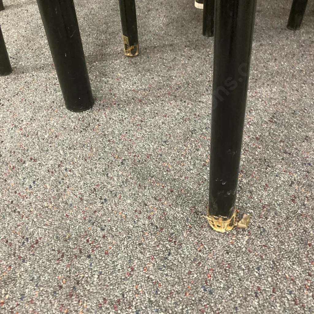 Black Table With 5 Pink / Grey Fabric Chairs, Awaroa Tubular Steel Furniture, H75 W150 D90cm Image 1++