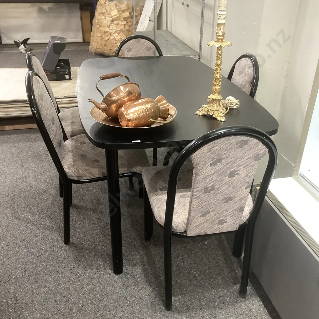 Black Table With 5 Pink / Grey Fabric Chairs, Awaroa Tubular Steel Furniture, H75 W150 D90cm Image 1++