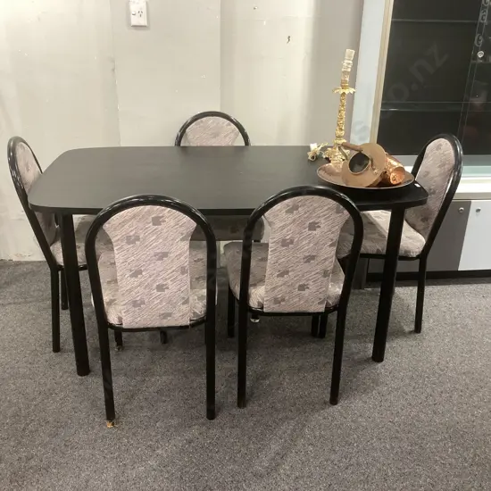 Black Table With 5 Pink / Grey Fabric Chairs, Awaroa Tubular Steel Furniture, H75 W150 D90cm