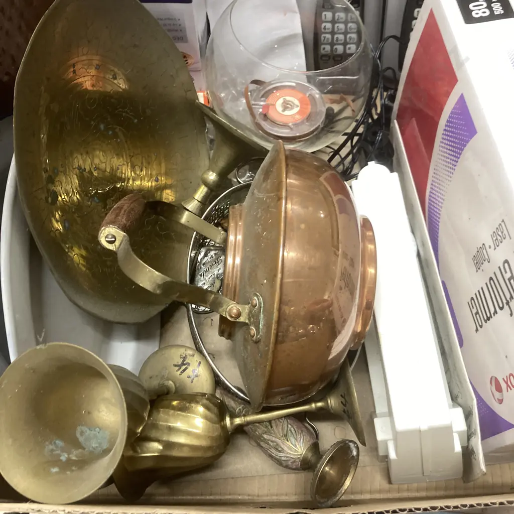 Box Lot Of Vintage Items, CasioWrite CW-16, Phones, Enamel, Brass & Copper Ware Etc Image 1++