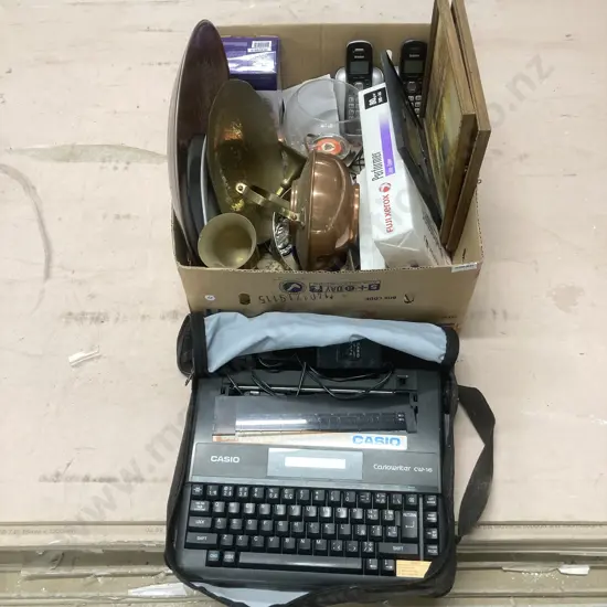 Box Lot Of Vintage Items, CasioWrite CW-16, Phones, Enamel, Brass & Copper Ware Etc