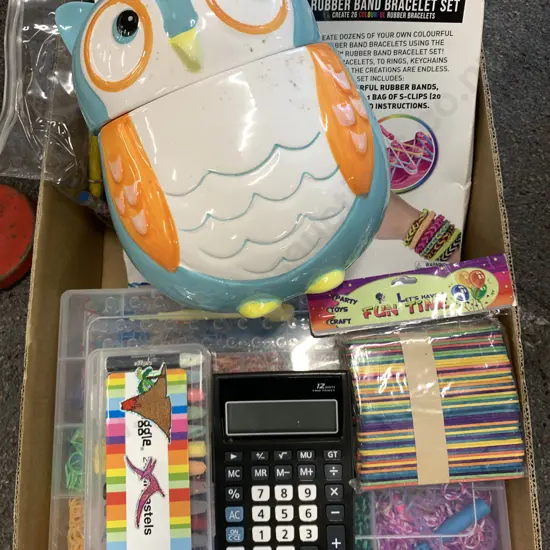 Box Lot Of Childrens Sundries Including Cookie Jar, Pastels Etc