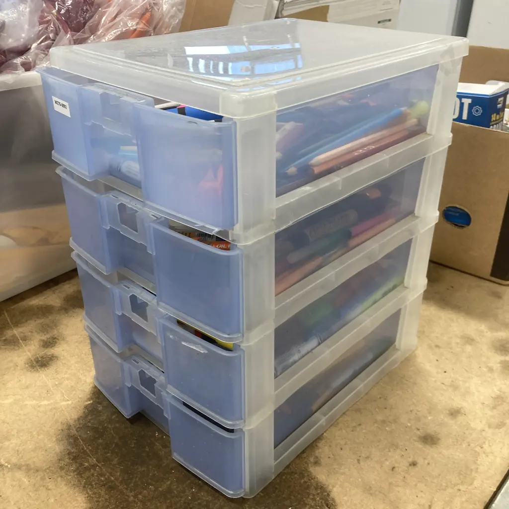 Plastic 4 Drawer Unit, H39 W25 D35cm, With Pens, Pencils, Felt Pens, Highliters, Calculator Etc Image 1++