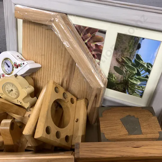 Photo Frame, Decorative Clocks & Assortment Of Wooden Ware