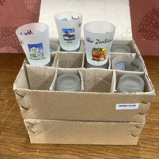 New NZ Kiwiana Shot Glasses, 2 Boxes of 12