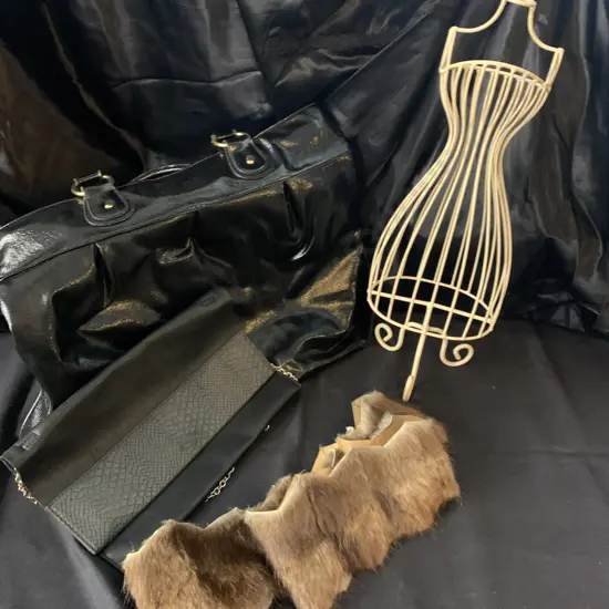 Cream Lady Wire Stand, Vintage Fur Piece And black Handbags