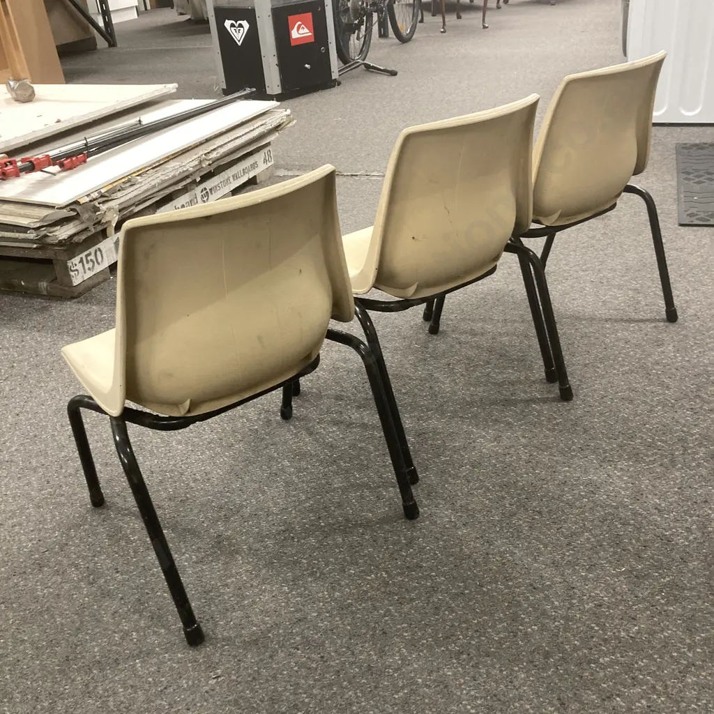 Set of Three Retro Kids Stacker Chairs, Moulded Plastic On Black Steel Frame Image 1++