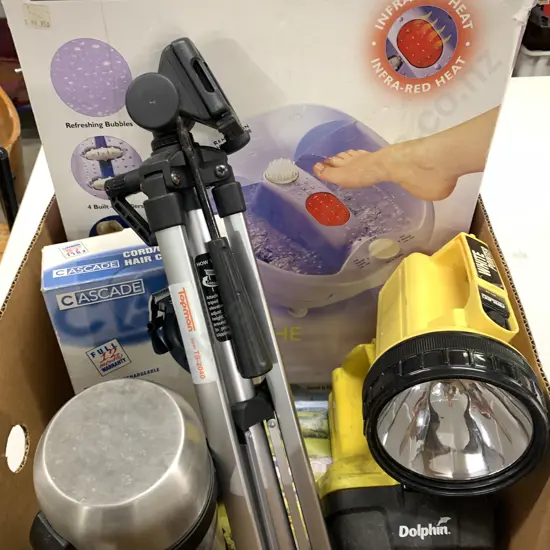 Remington Foot Spa, Torches, Clippers, Thermos Etc Box Lot