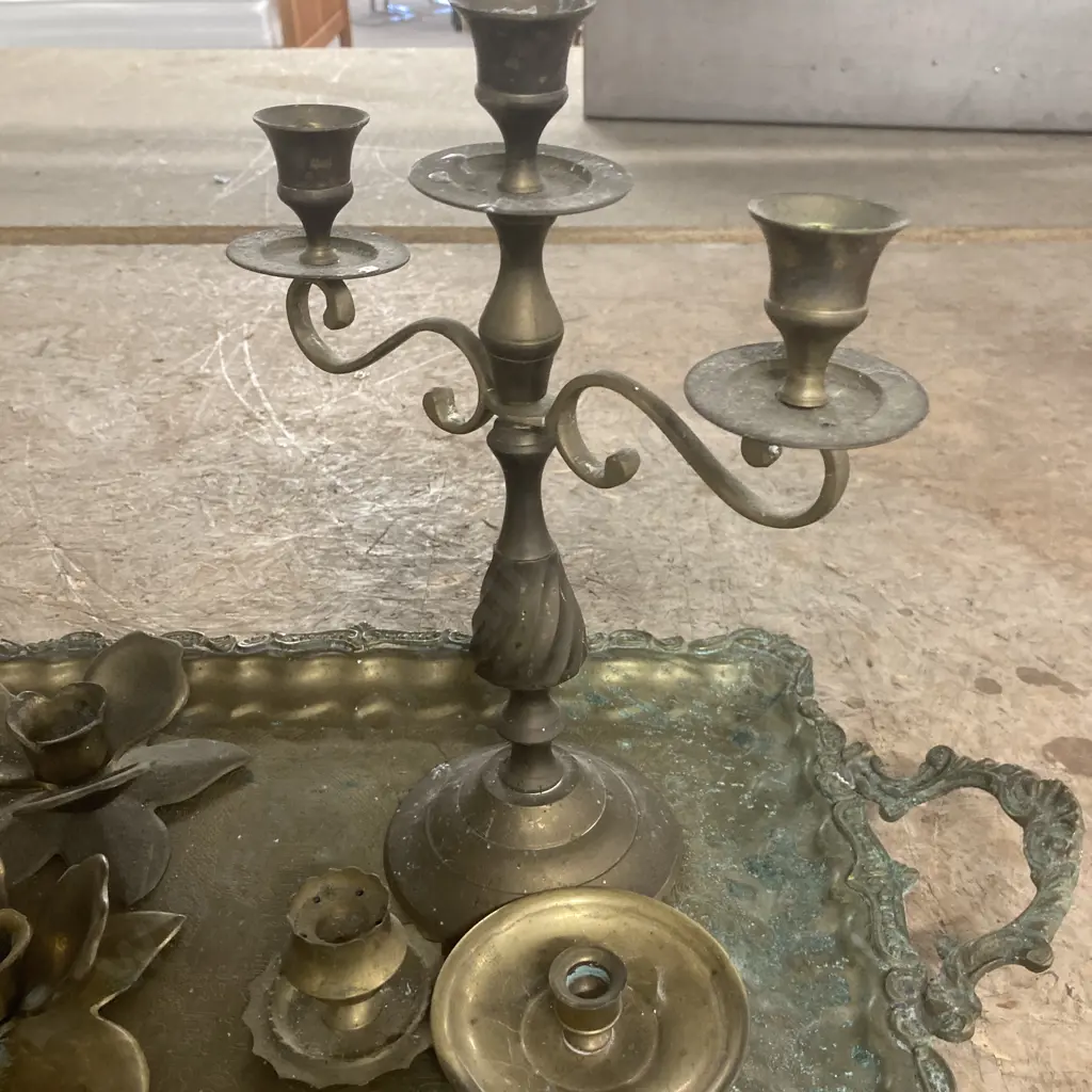 Assortment Of Brass Candle Holders On Rectangular Brass Tray Image 1++
