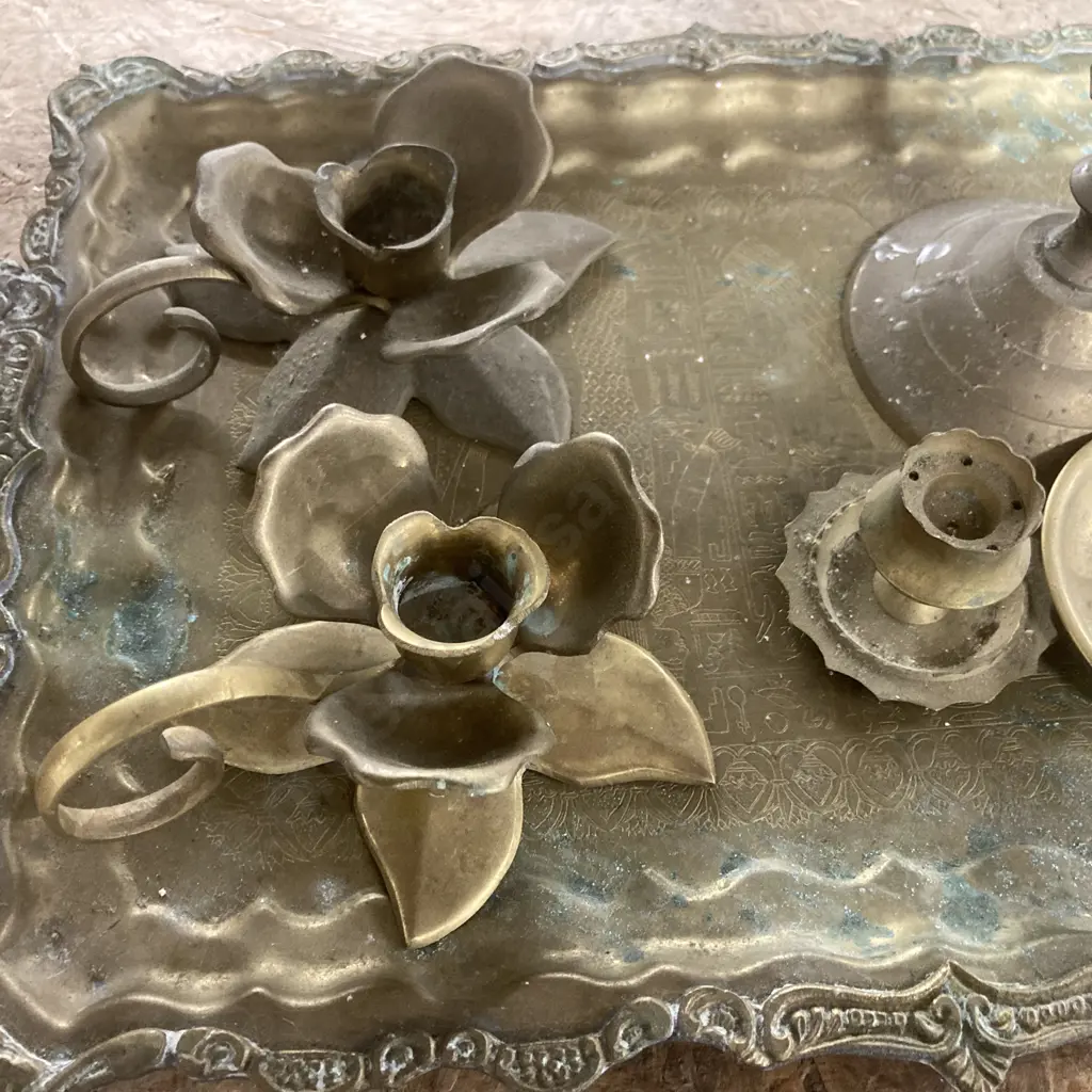 Assortment Of Brass Candle Holders On Rectangular Brass Tray Image 1++