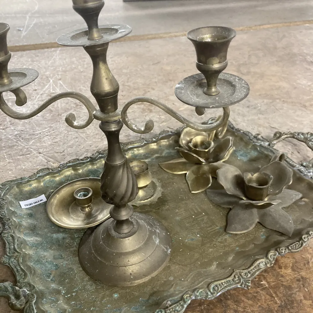 Assortment Of Brass Candle Holders On Rectangular Brass Tray Image 1++