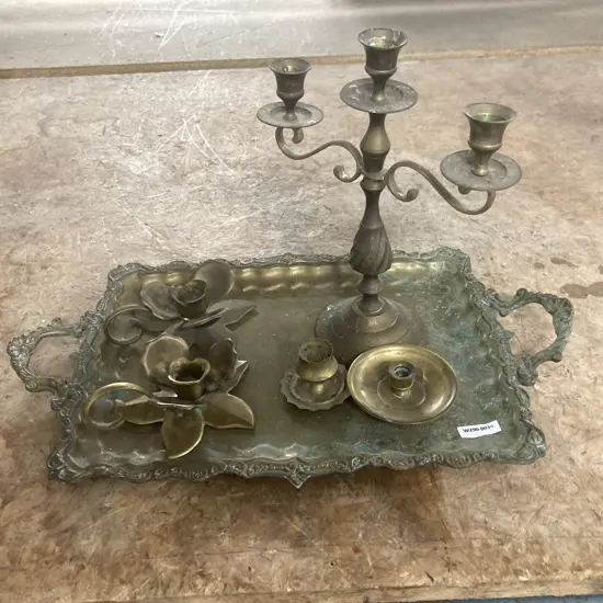 Assortment Of Brass Candle Holders On Rectangular Brass Tray