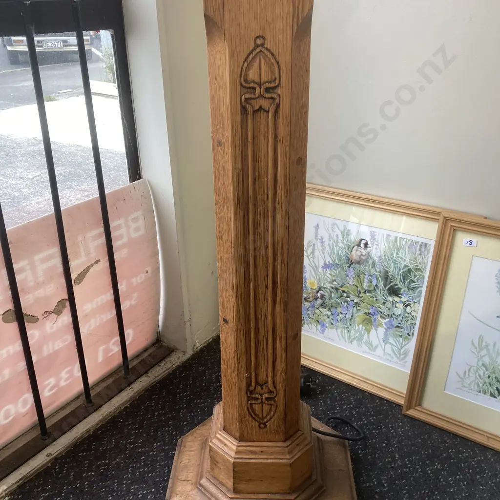 Art Deco Oak Octagon Pillar / Column Style Stepped Base With Carved Finial And Globule Light H145cm Image 1++
