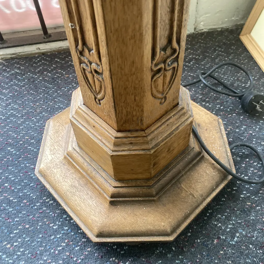 Art Deco Oak Octagon Pillar / Column Style Stepped Base With Carved Finial And Globule Light H145cm Image 1++