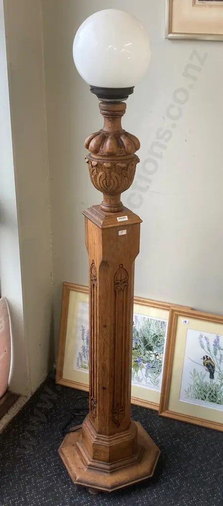 Art Deco Oak Octagon Pillar / Column Style Stepped Base With Carved Finial And Globule Light H145cm Image 1++