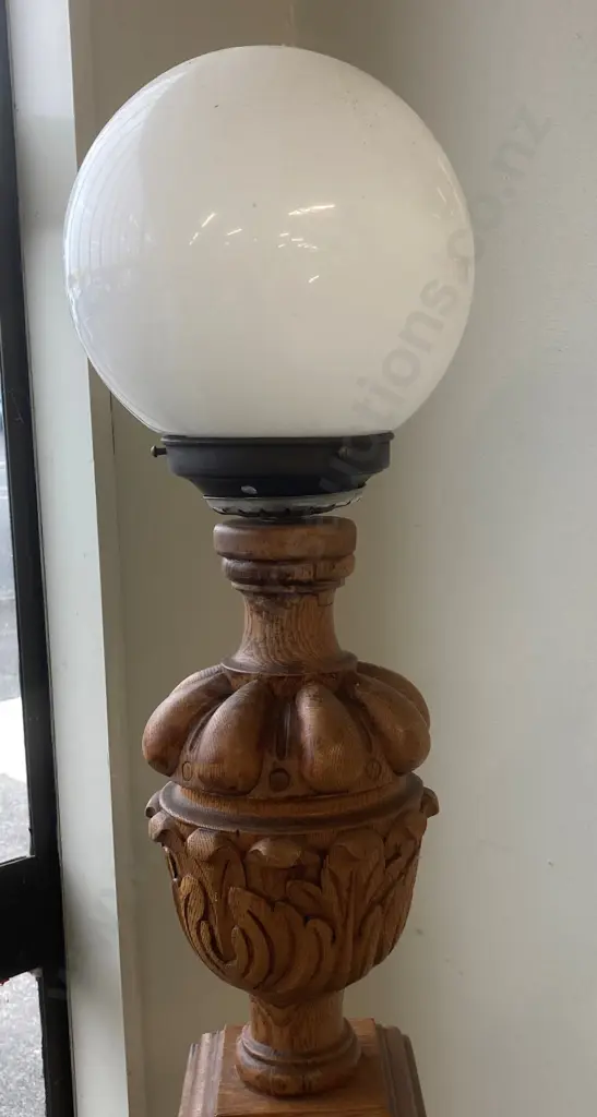 Art Deco Oak Octagon Pillar / Column Style Stepped Base With Carved Finial And Globule Light H145cm Image 1++
