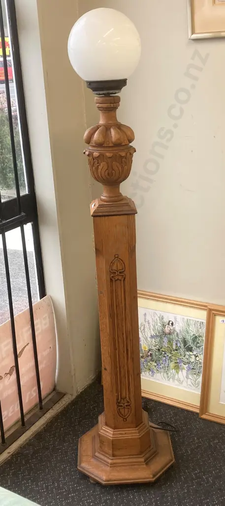 Art Deco Oak Octagon Pillar / Column Style Stepped Base With Carved Finial And Globule Light H145cm Image 1++