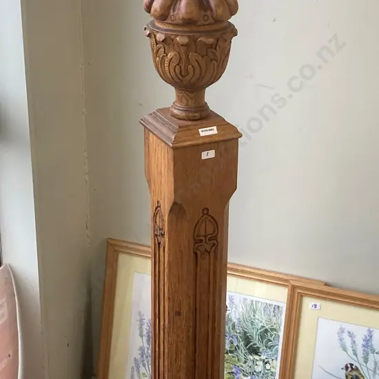 Art Deco Oak Octagon Pillar / Column Style Stepped Base With Carved Finial And Globule Light H145cm