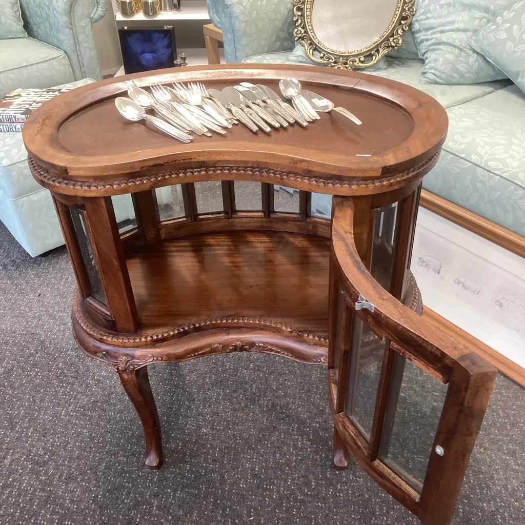 Mahogany Kidney Shaped Cocktail Cabinet With Lift Off Tray Top Above Bevelled Glass Panels, H78 W73 D50cm Image 1++