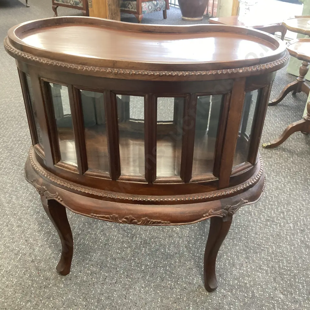 Mahogany Kidney Shaped Cocktail Cabinet With Lift Off Tray Top Above Bevelled Glass Panels, H78 W73 D50cm Image 1++