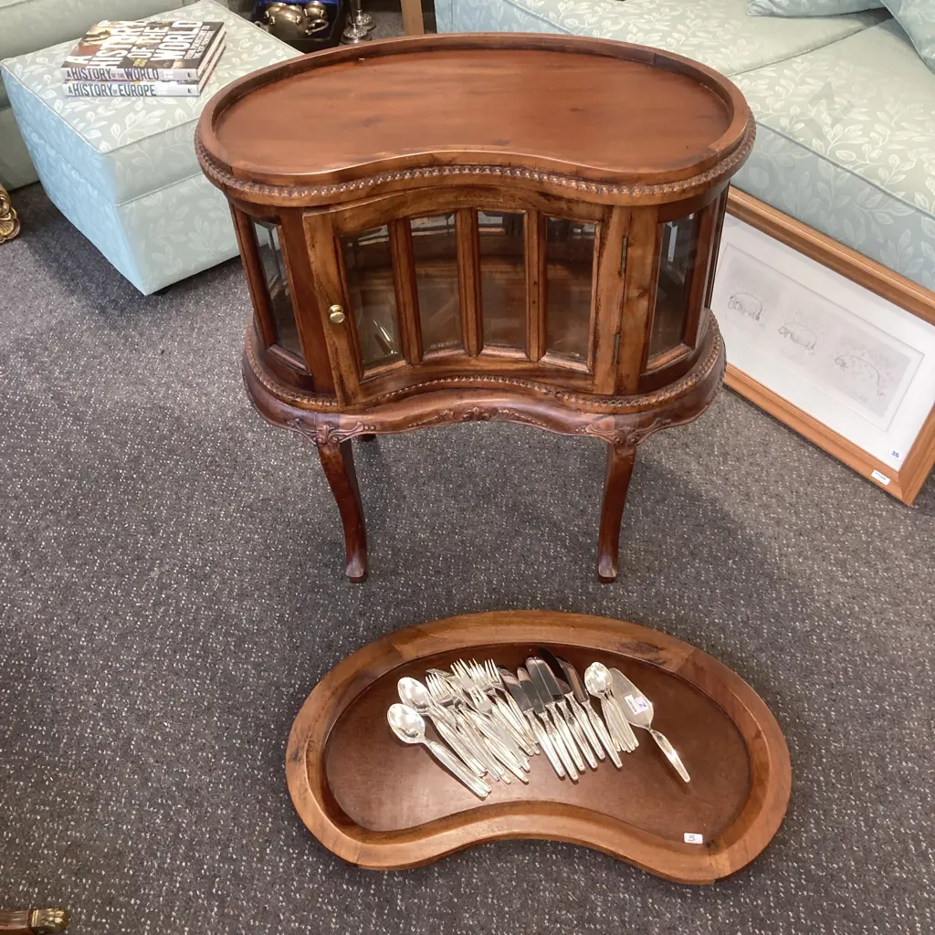Mahogany Kidney Shaped Cocktail Cabinet With Lift Off Tray Top Above Bevelled Glass Panels, H78 W73 D50cm Image 1++