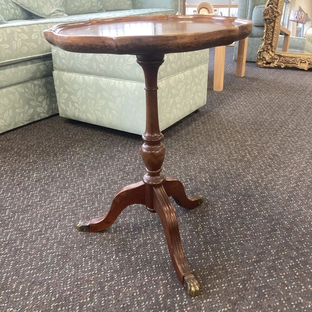 Mahogany Wine Table, Tri Leg, Scalloped Edge, Brass Claw Feet, H54cm Image 1++