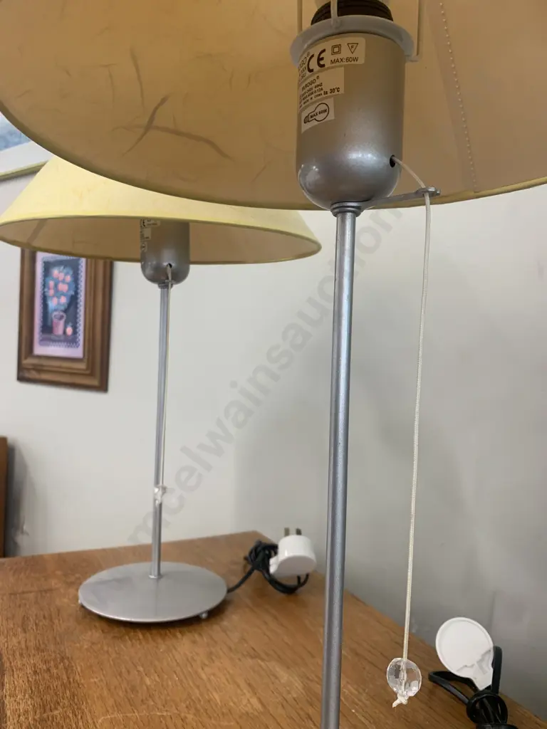 Pair of 'Tarogo' Bedside lamps, Brushed Chrome Base With Yellow Shades & Pull Switch Image 1++