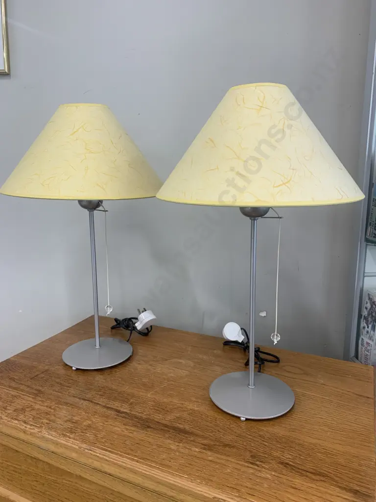 Pair of 'Tarogo' Bedside lamps, Brushed Chrome Base With Yellow Shades & Pull Switch Image 1++