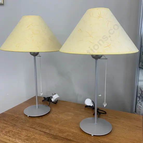 Pair of 'Tarogo' Bedside lamps, Brushed Chrome Base With Yellow Shades & Pull Switch