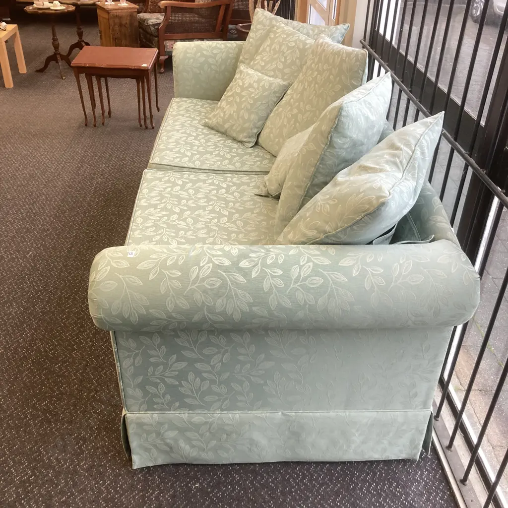 Leaf Patterned Spearmint Colour Fabric 4 Seater Couch, H74 W230 D88cm & Ottoman With Storage, H39 W55 D55cm Image 1++