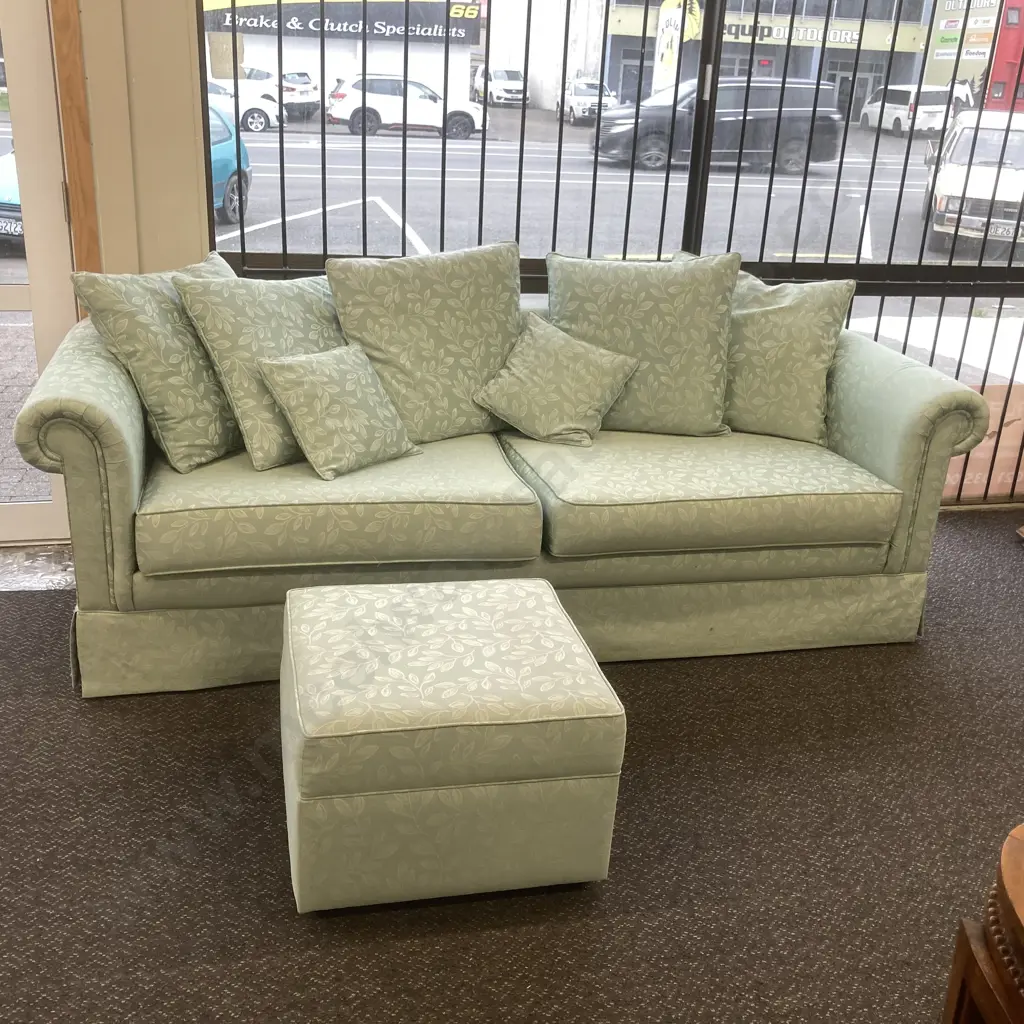 Leaf Patterned Spearmint Colour Fabric 4 Seater Couch, H74 W230 D88cm & Ottoman With Storage, H39 W55 D55cm Image 1++