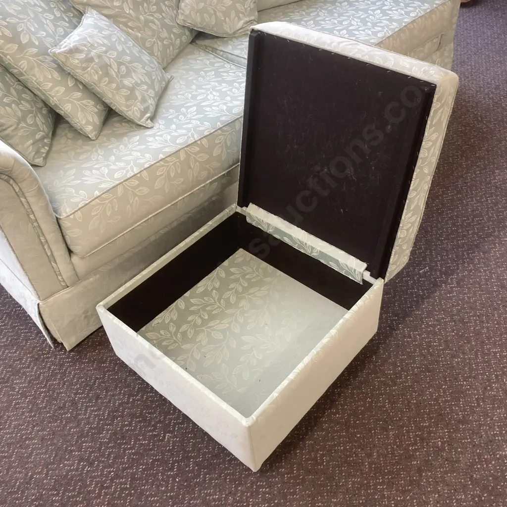 Leaf Patterned Spearmint Colour Fabric 4 Seater Couch, H74 W230 D88cm & Ottoman With Storage, H39 W55 D55cm Image 1++