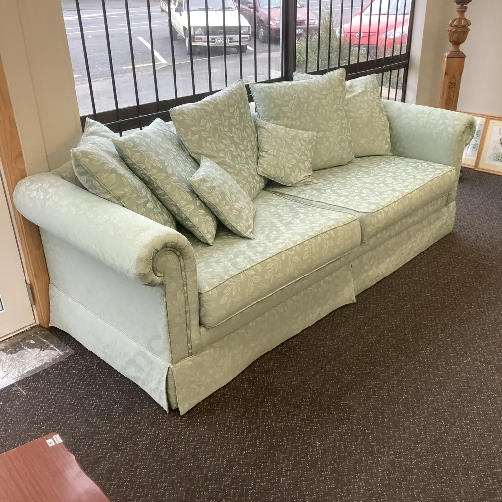 Leaf Patterned Spearmint Colour Fabric 4 Seater Couch, H74 W230 D88cm & Ottoman With Storage, H39 W55 D55cm Image 1++