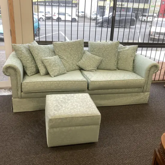 Leaf Patterned Spearmint Colour Fabric 4 Seater Couch, H74 W230 D88cm & Ottoman With Storage, H39 W55 D55cm