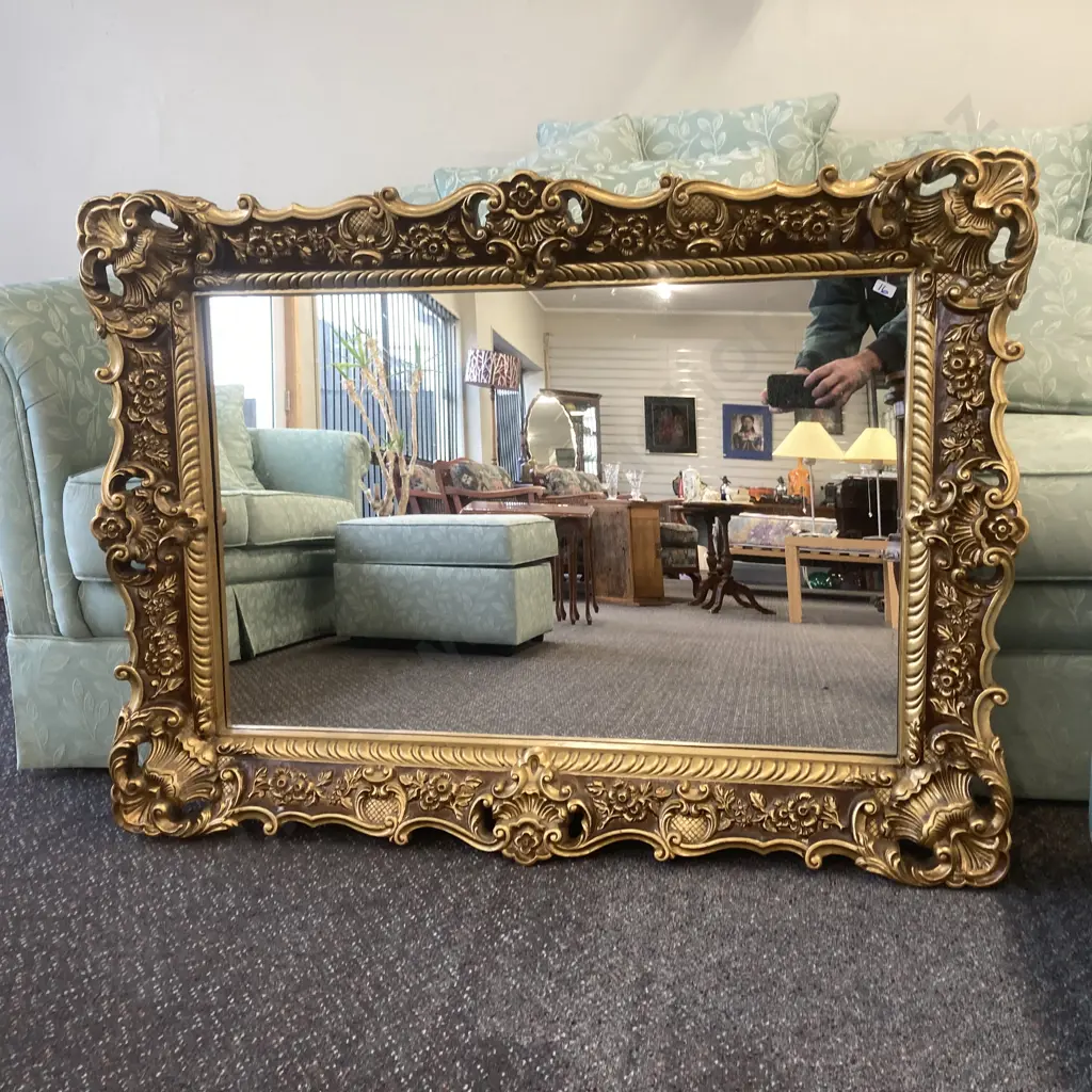 Vintage Rectangular Sculpted And Gilt Wooden Mirror H83cm, W111cm. Image 1++