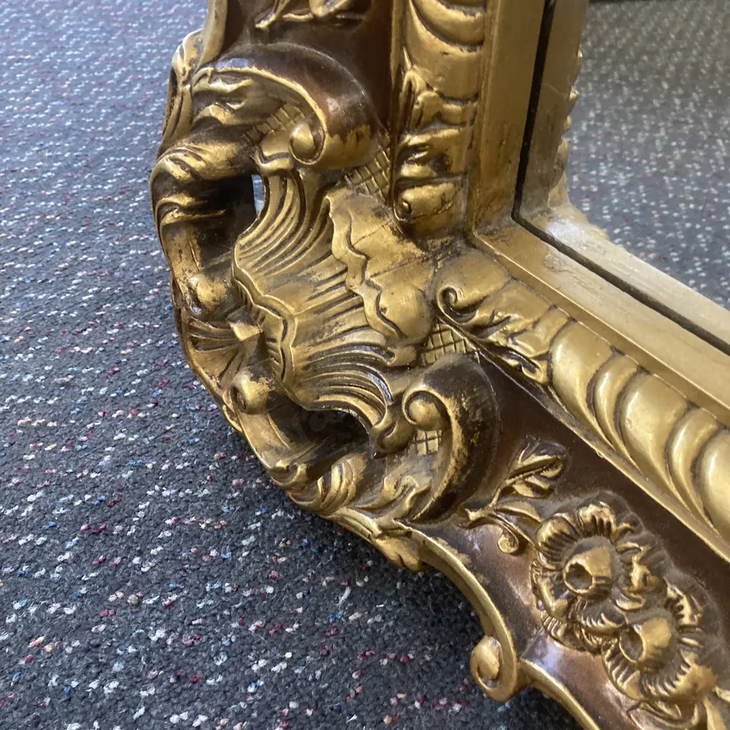 Vintage Rectangular Sculpted And Gilt Wooden Mirror H83cm, W111cm. Image 1++