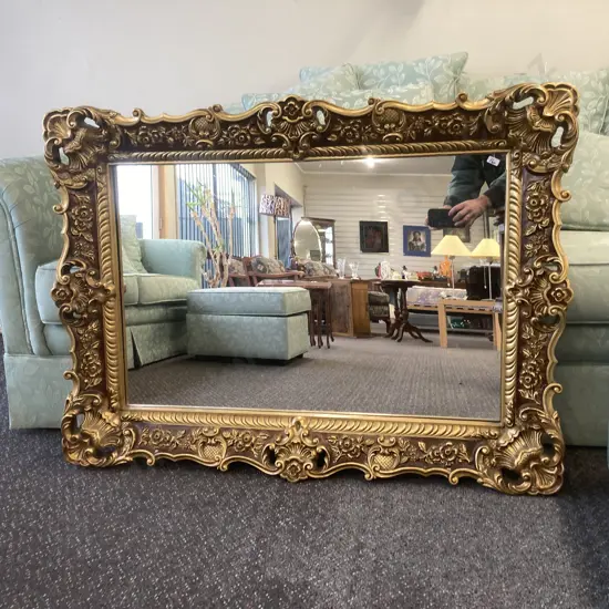 Vintage Rectangular Sculpted And Gilt Wooden Mirror H83cm, W111cm.