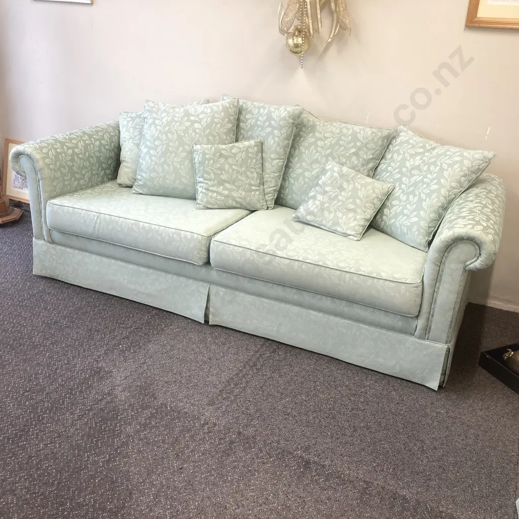 Leaf Patterned Spearmint Colour Fabric 4 Seater Couch, H74 W230 D88cm & Ottoman With Storage, H39 W55 D55cm Image 1++