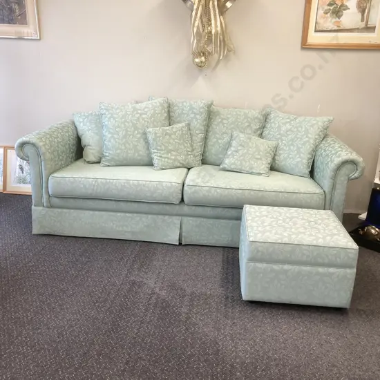 Leaf Patterned Spearmint Colour Fabric 4 Seater Couch, H74 W230 D88cm & Ottoman With Storage, H39 W55 D55cm