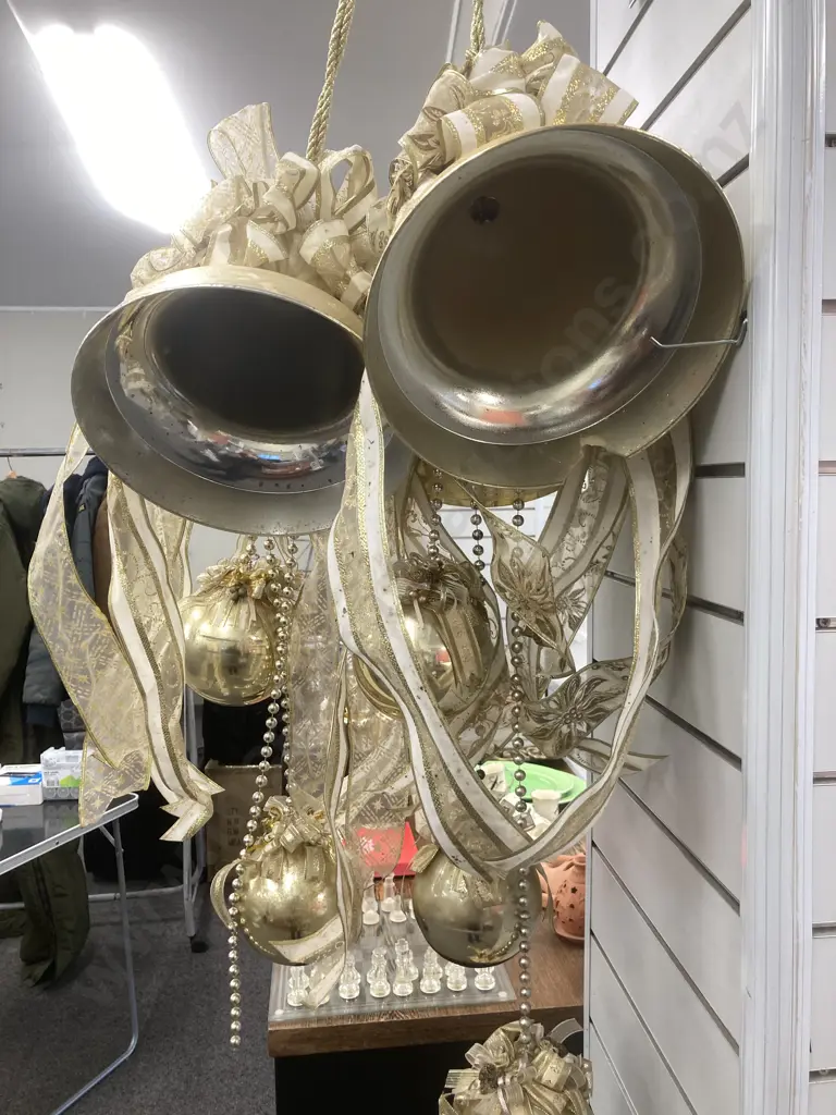 Pair of Luxury Large Bell And Ball Christmas Decorations, Gold Coloured, 100 x 50cm & 110 x 50cm Image 1++