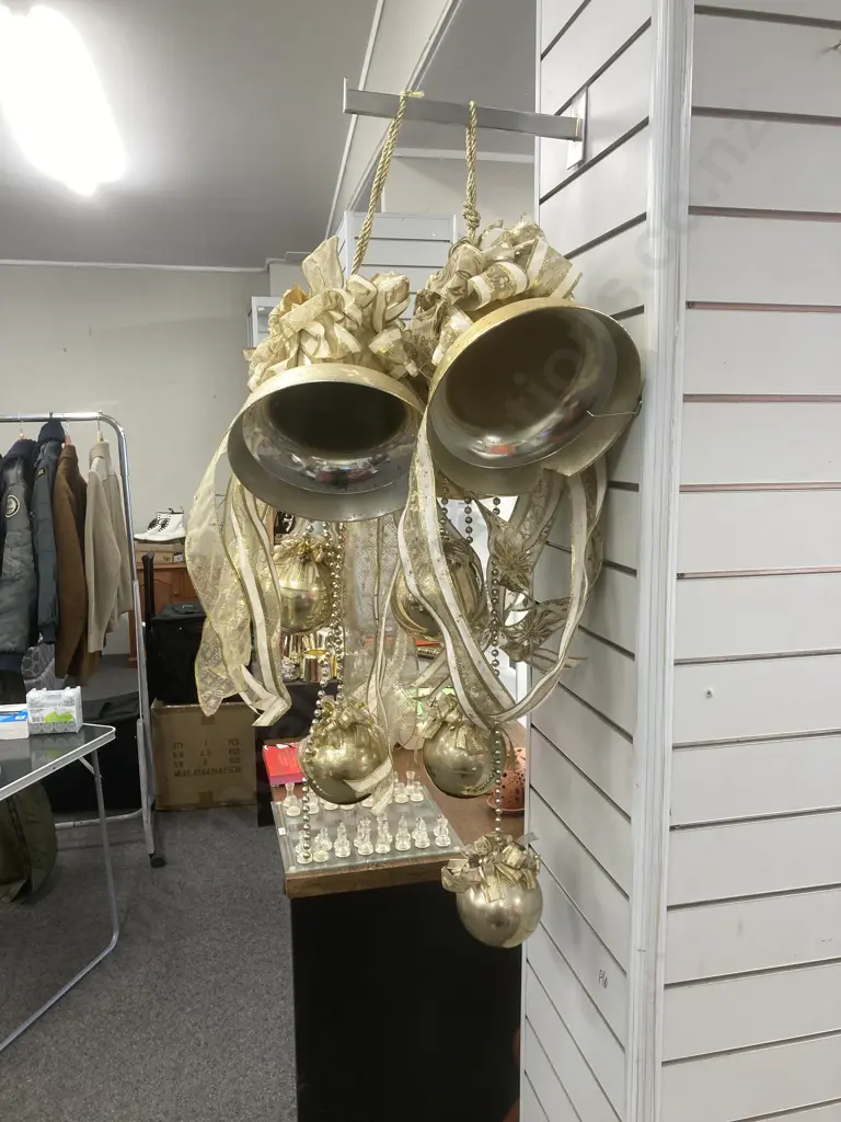 Pair of Luxury Large Bell And Ball Christmas Decorations, Gold Coloured, 100 x 50cm & 110 x 50cm Image 1++