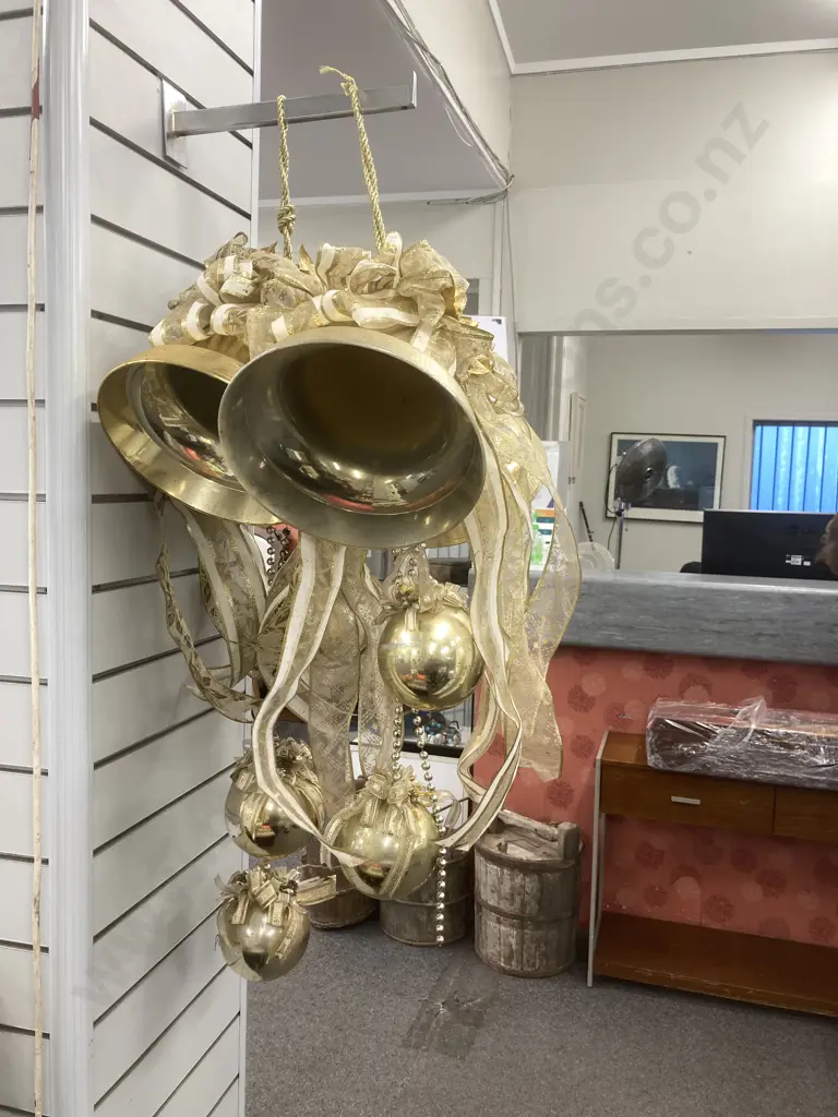 Pair of Luxury Large Bell And Ball Christmas Decorations, Gold Coloured, 100 x 50cm & 110 x 50cm Image 1++