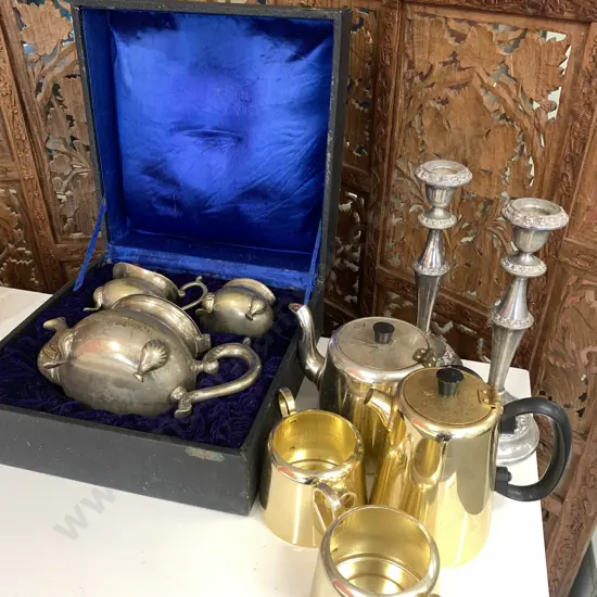Assorted Silverware, Boxed Coffee Set, Candle Holders Etc