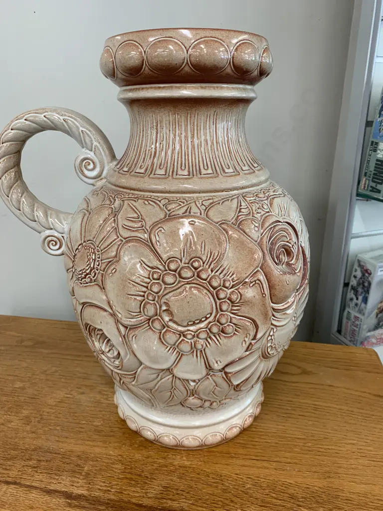 Stunning Large Vintage West German Pottery Floor Vase With Handle, Ornate Floral Detail, Stamped 487-47, H48cm Image 1++