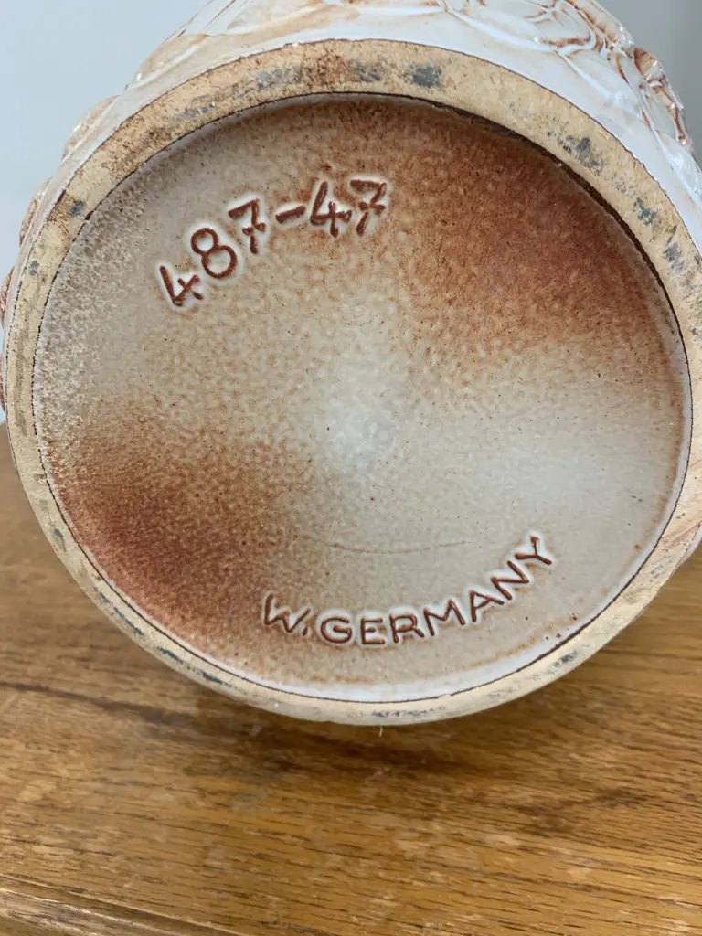 Stunning Large Vintage West German Pottery Floor Vase With Handle, Ornate Floral Detail, Stamped 487-47, H48cm Image 1++